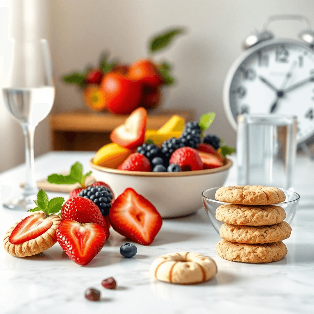 A realistic breakfast table with a glass of water, fresh fruit bowl, sugar-free cookies and sweets, and a clock in the background symbolizing intermittent fasti