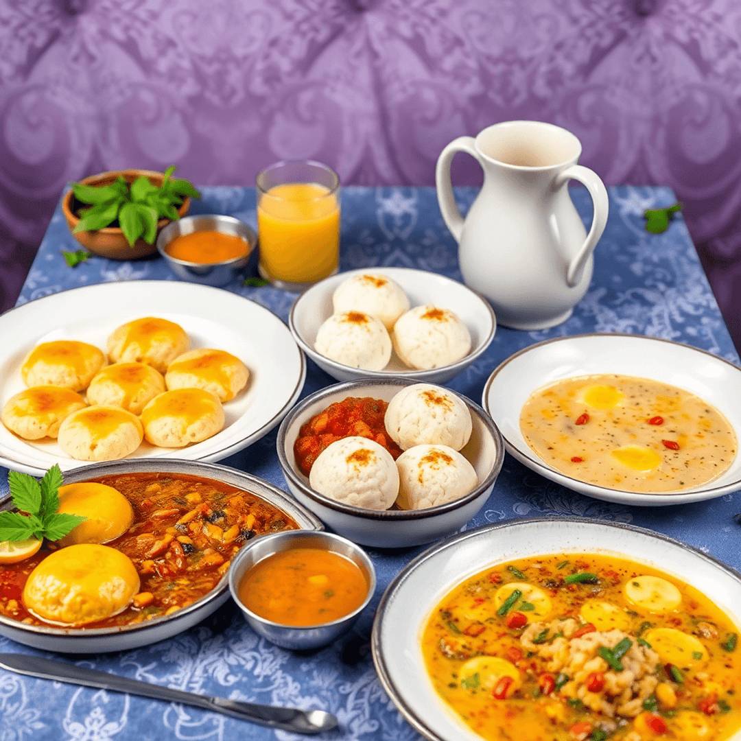 Breakfast table with sugar-free idli, dosa, vegetable upma, fresh herbs, and spices, highlighting natural, wholesome ingredients in a realistic style.