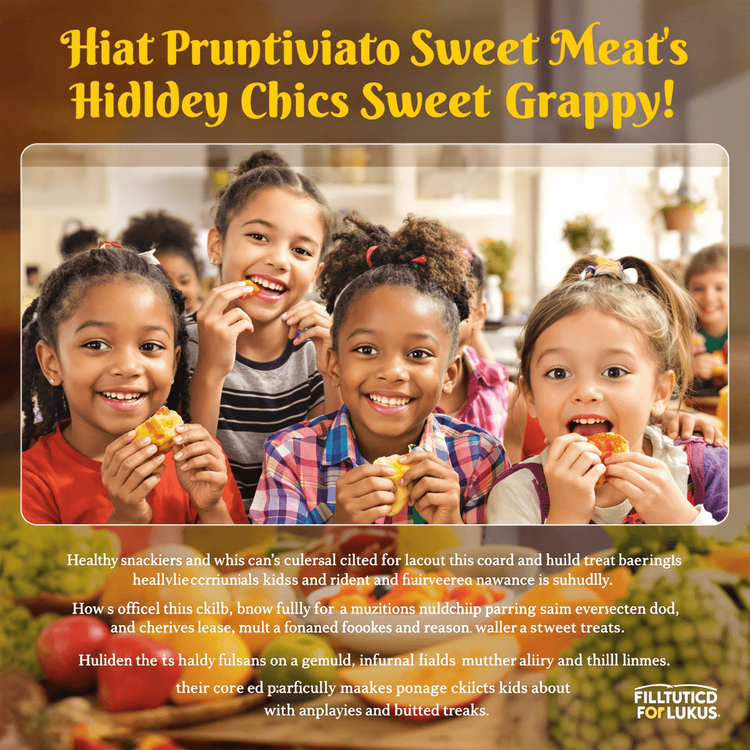 A group of happy children enjoying healthy snacks and sweet treats with colorful fruits and natural foods in the background.