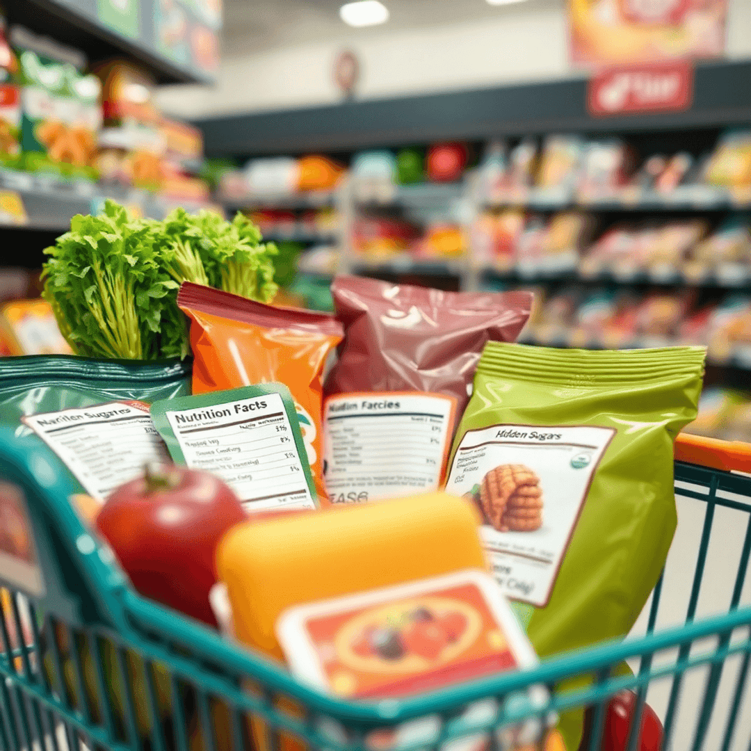 Close-up of a grocery basket with healthy foods and colorful nutrition labels highlighting hidden sugars, set against a bright supermarket background.