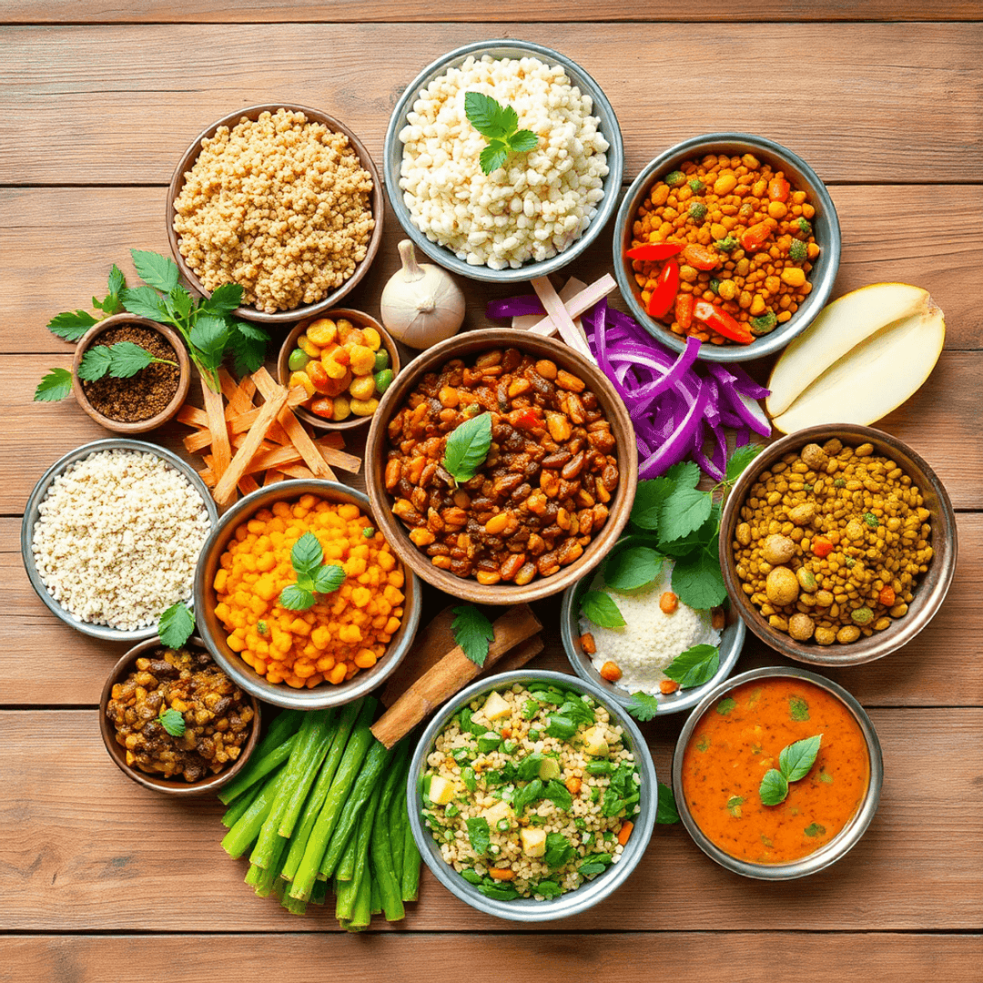 A colorful spread of traditional Indian dishes with vegetables, lentils, and spices on a rustic wooden table.