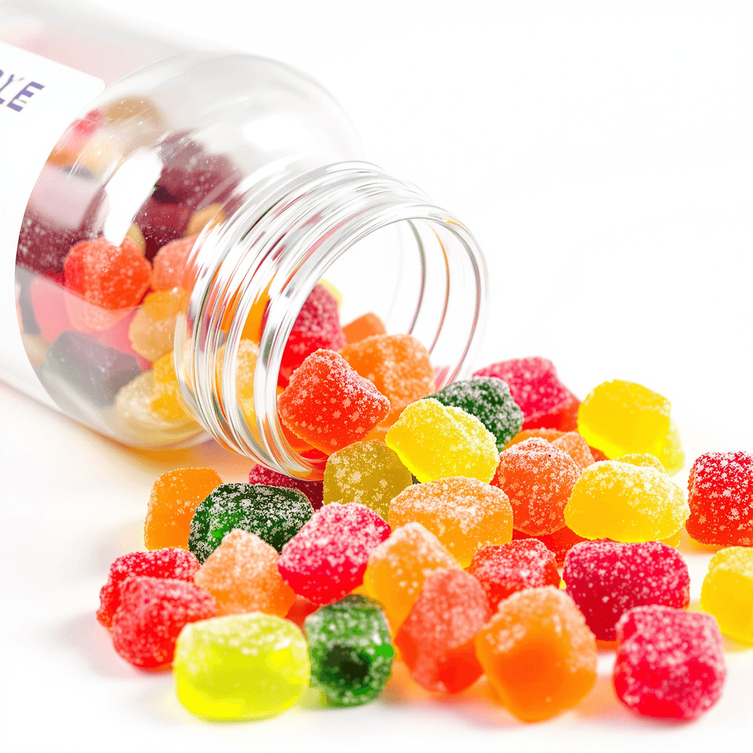 Bright, colorful gummy vitamins spilling from a clear bottle with sparkling sugar crystals on a white background.