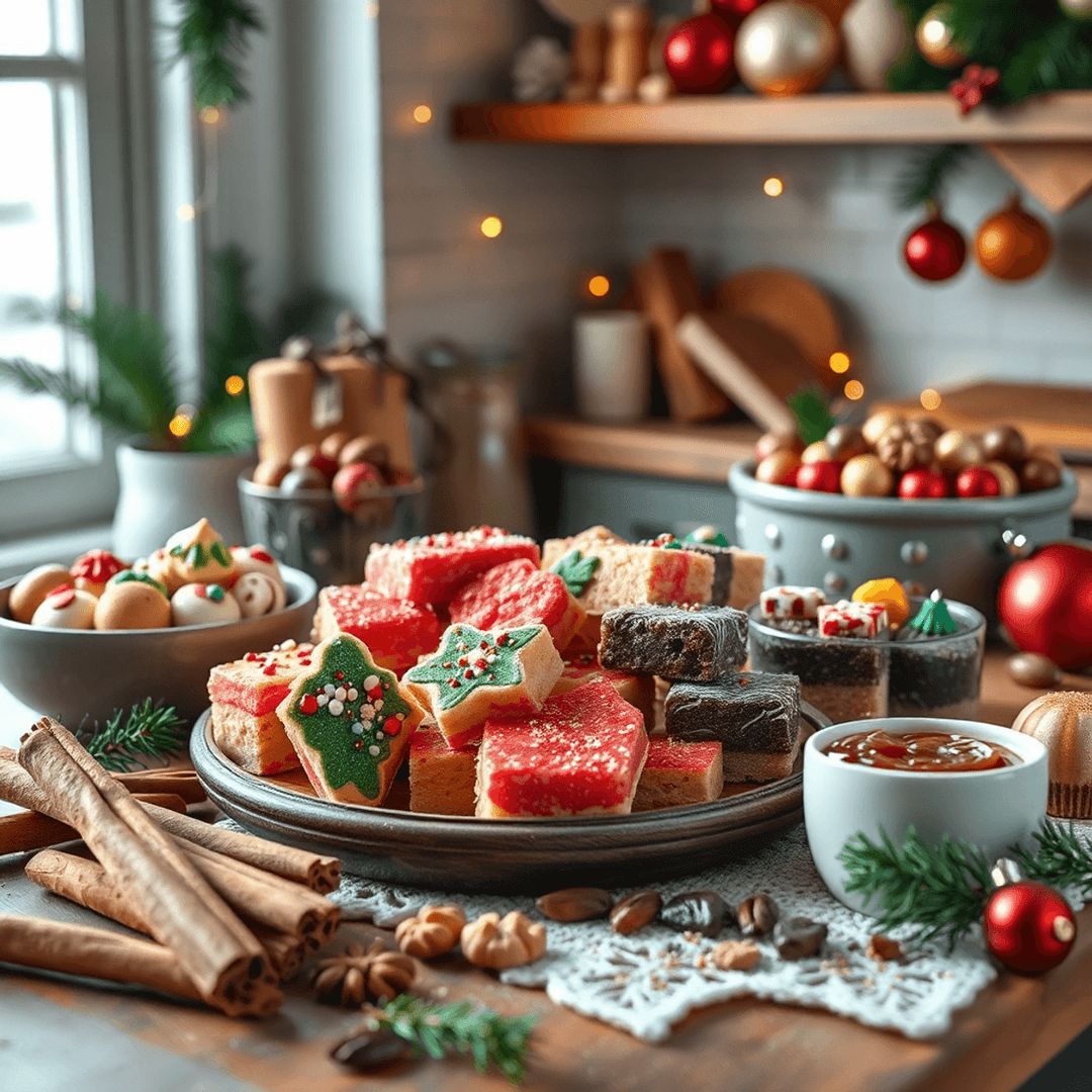 Cozy holiday kitchen with colorful festive sugar-free treats, cinnamon sticks, nuts, fresh herbs, pine branches, ornaments, and warm lighting.
