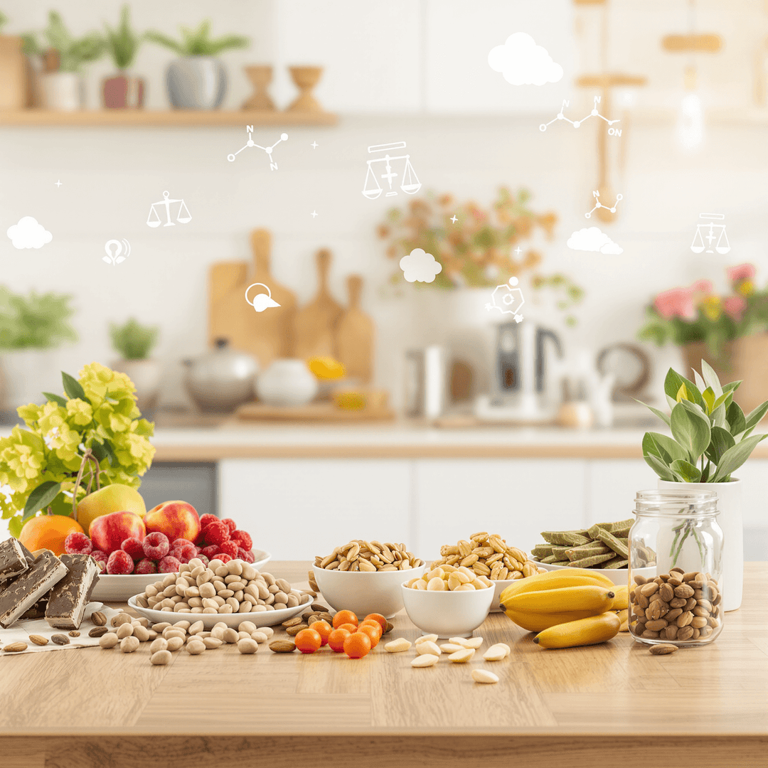 Bright kitchen with nuts, fruits, sugar-free treats on wooden table; backdrop shows insulin molecules and scales symbolizing hormone balance.