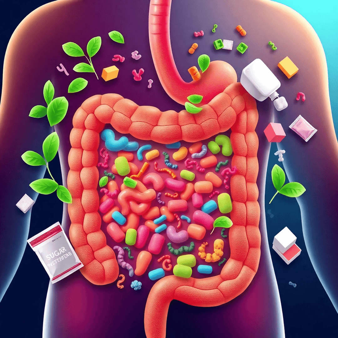 Close-up illustration of a healthy digestive system with colorful gut bacteria and various natural and artificial sweeteners surrounding it.