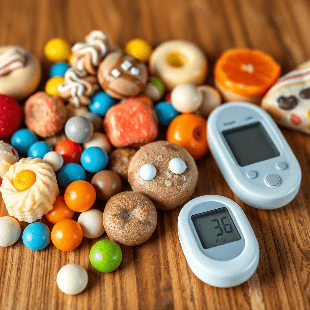 Close-up of colorful sweets and sugar-free diabetic treats on a wooden table with a digital glucose monitor displaying blood sugar levels.