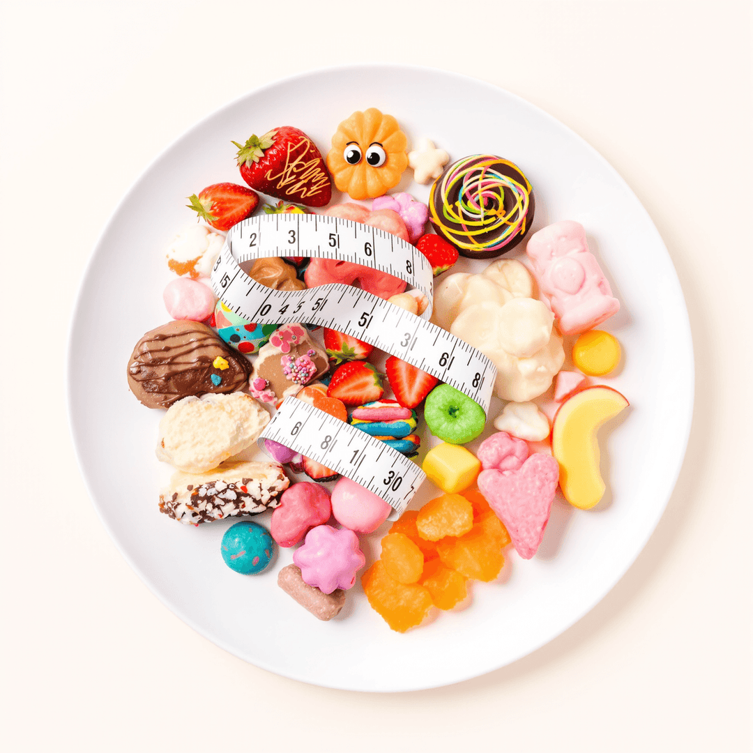 A white plate with colorful sweets and a measuring tape wrapped around it, set against a soft neutral background symbolizing mindful sugar intake.