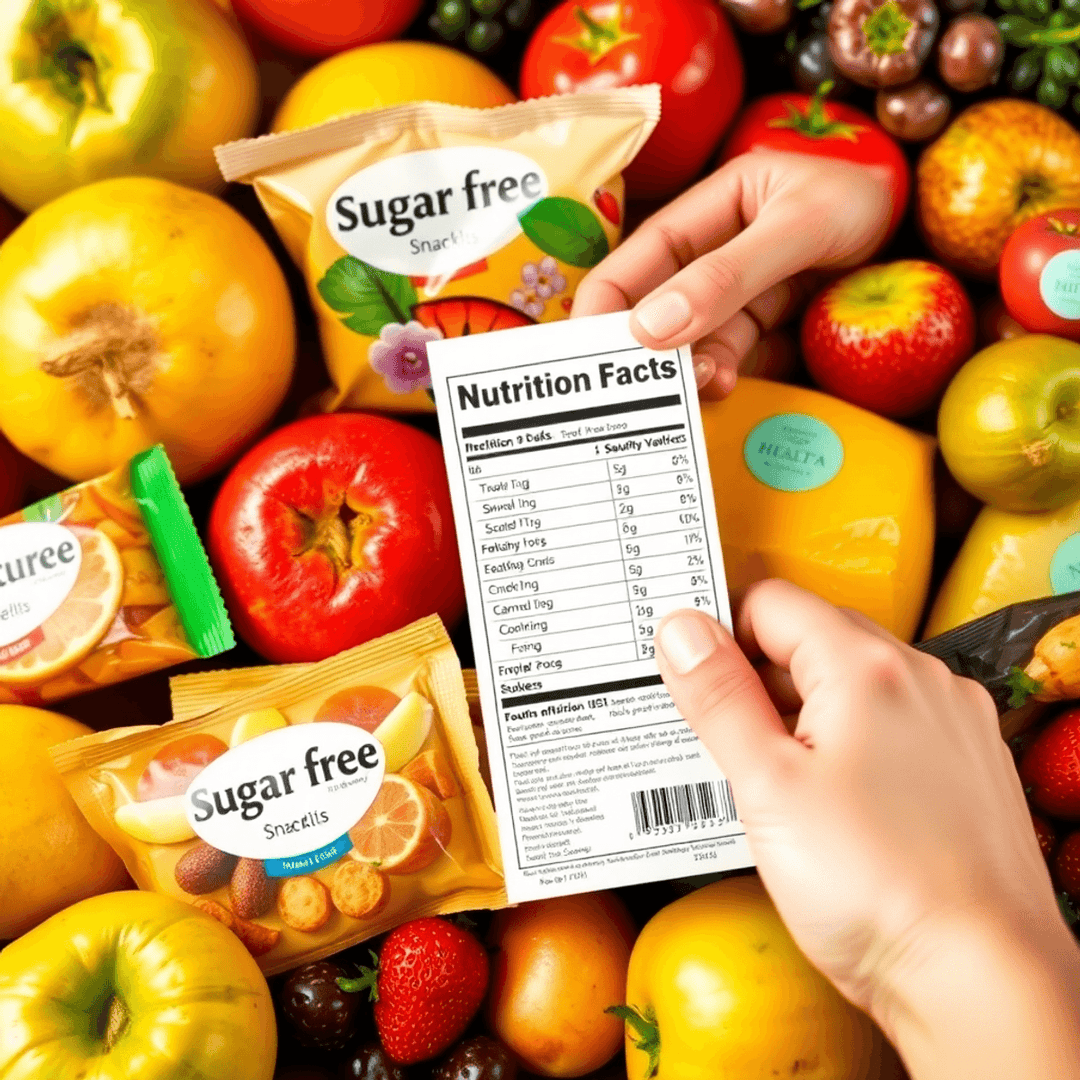 Close-up of sugar-free snacks and sweets with labels, fresh fruits around, and a hand reading a nutrition label, symbolizing healthy, informed choices.