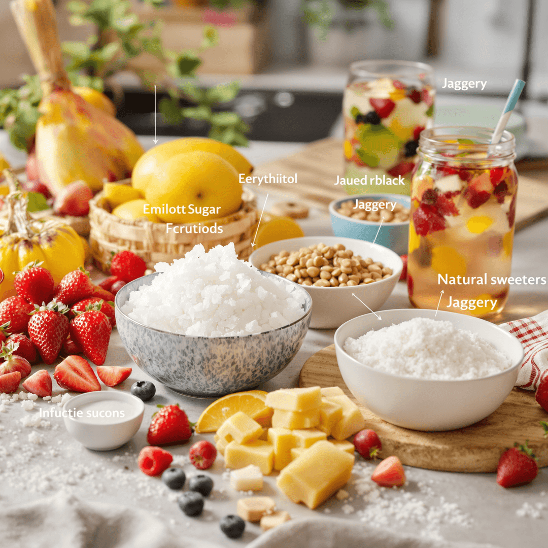 Realistic kitchen scene with bowls of natural sweeteners, fresh fruits, and a glass of infused water, showcasing healthy sugar alternatives.