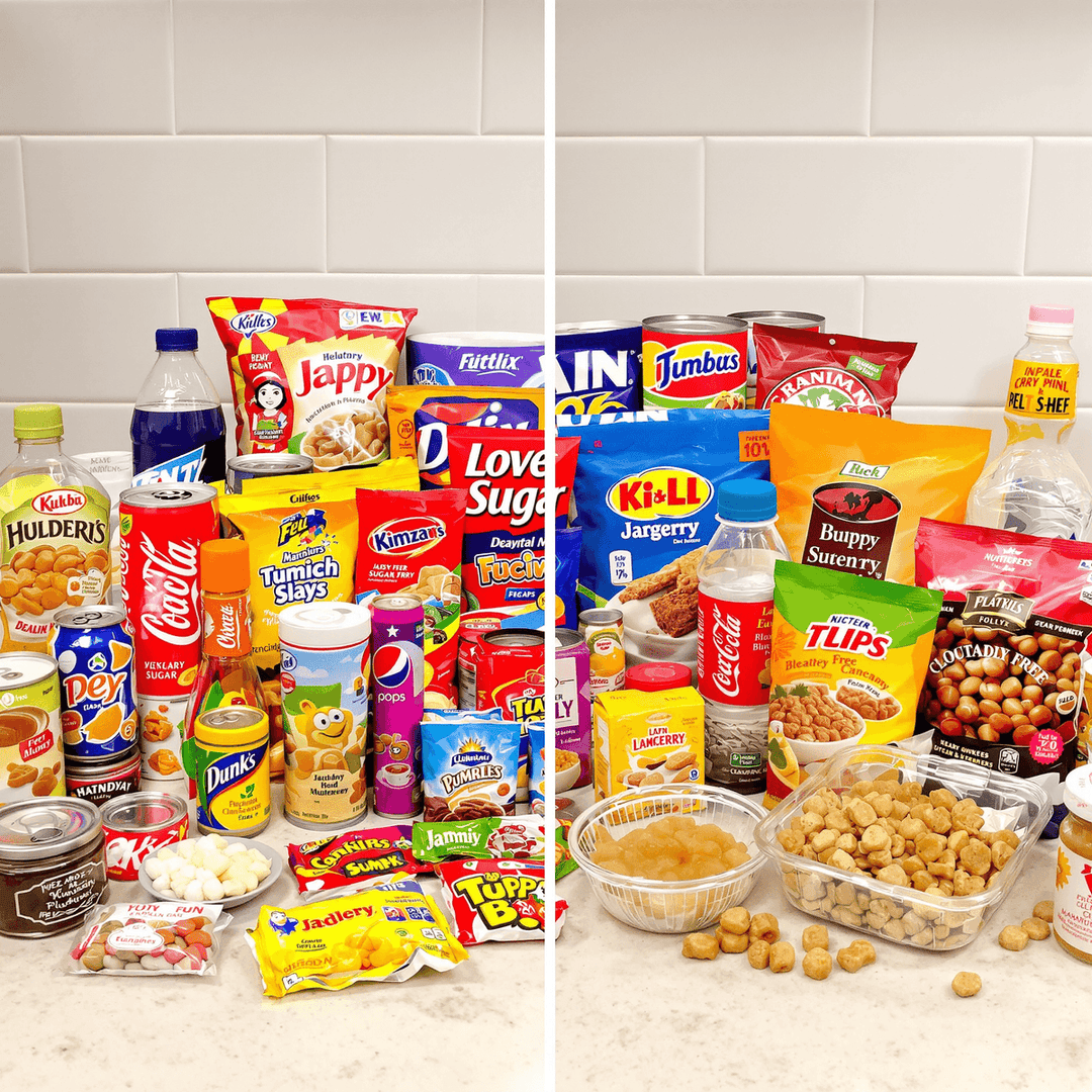 A colorful spread of sugary snacks and drinks alongside healthier alternatives like jaggery and sugar-free sweets on a clean kitchen counter.