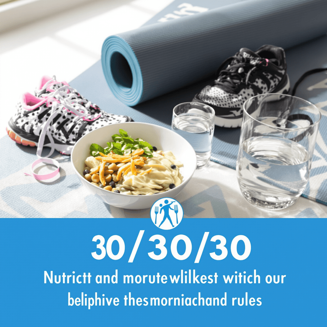 A bright morning scene with a bowl of protein-rich food, glass of water, running shoes, and yoga mat symbolizing nutrition and exercise.