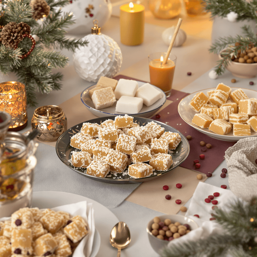 Festive table with traditional Indian sweets and sugar-free desserts, decorated subtly for the holidays, evoking a calm and healthy atmosphere.
