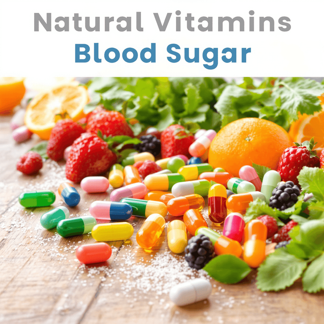 Close-up of colorful vitamin capsules and fresh fruits like oranges, berries, and leafy greens on a wooden table, symbolizing natural vitamins for blood sugar h