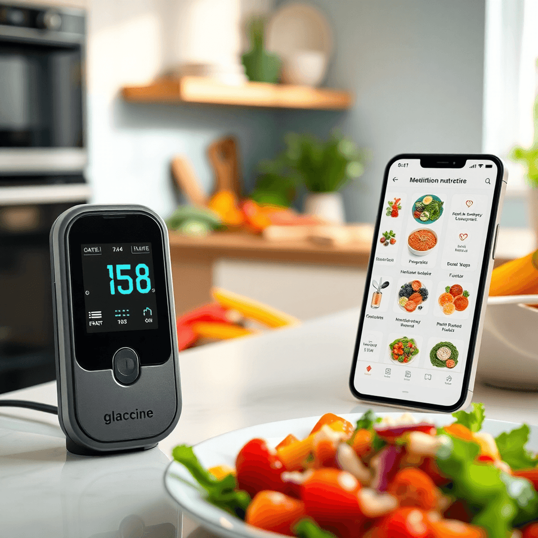 Modern kitchen with a digital glucose monitor, colorful plant-based foods, and a smartphone displaying nutrition apps in a bright, inviting setting.