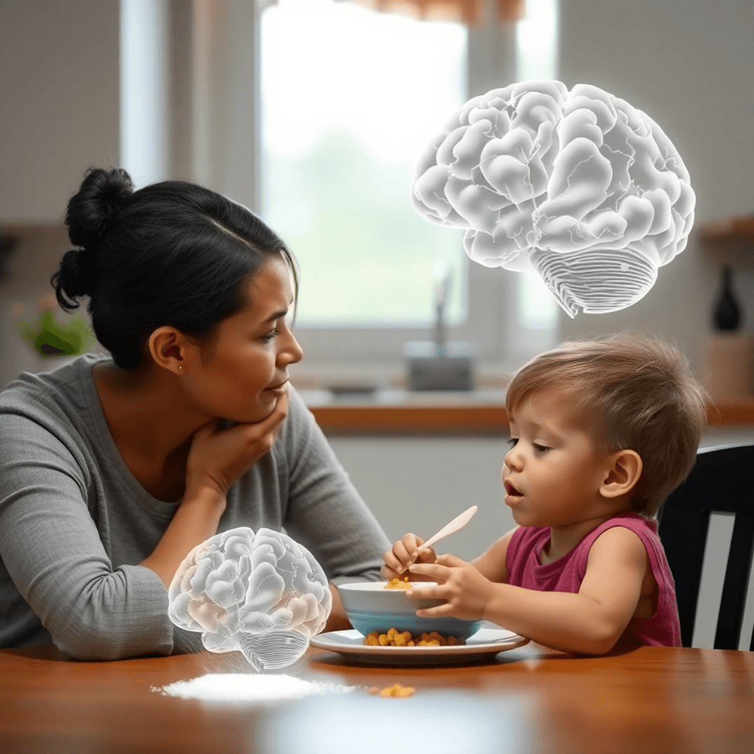 A parent watches their child eat a sugary snack at the kitchen table with brain graphics highlighting sugar's impact on neural pathways.