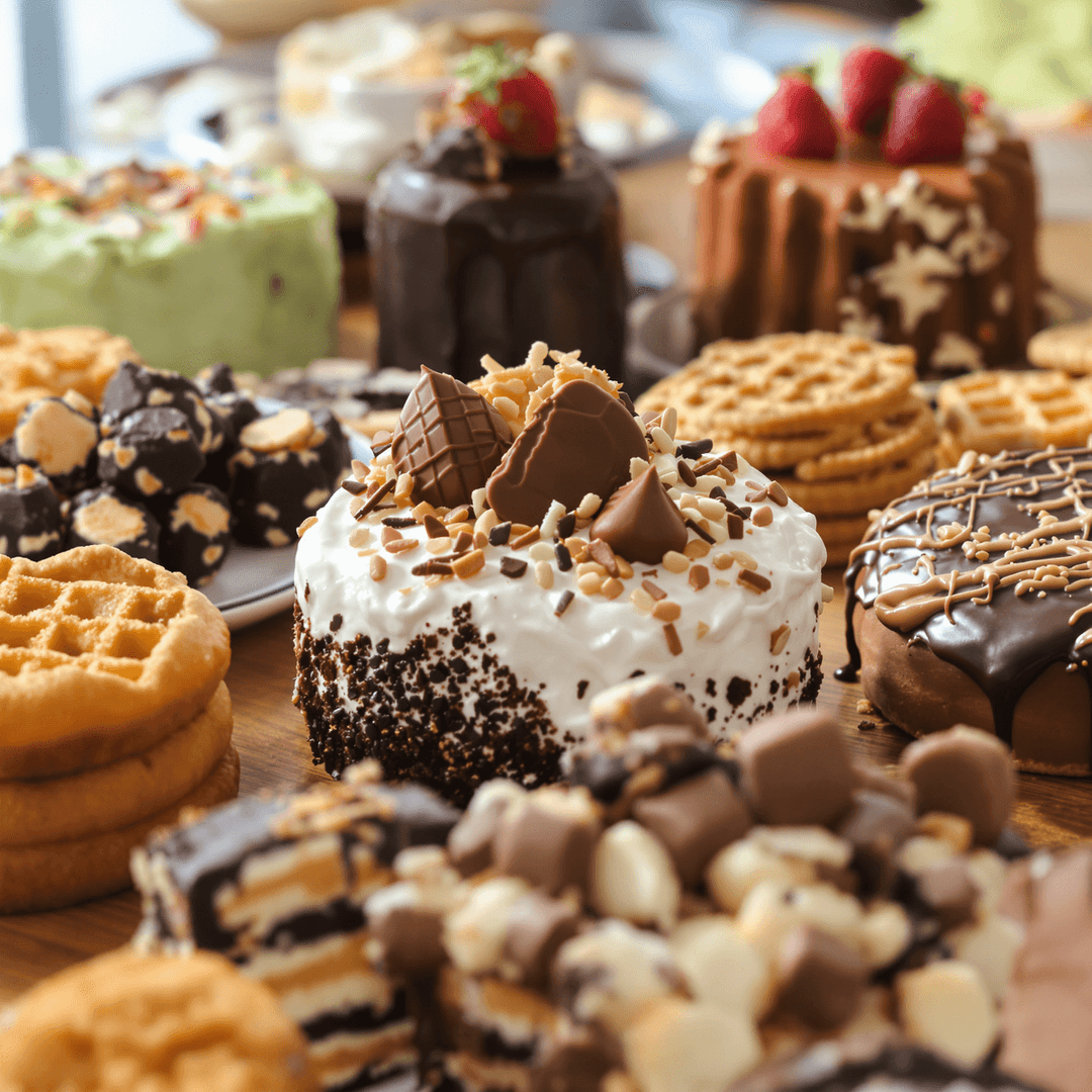 Close-up of assorted protein-rich desserts like cakes, cookies, and chocolates arranged on a wooden table with natural lighting highlighting their textures.