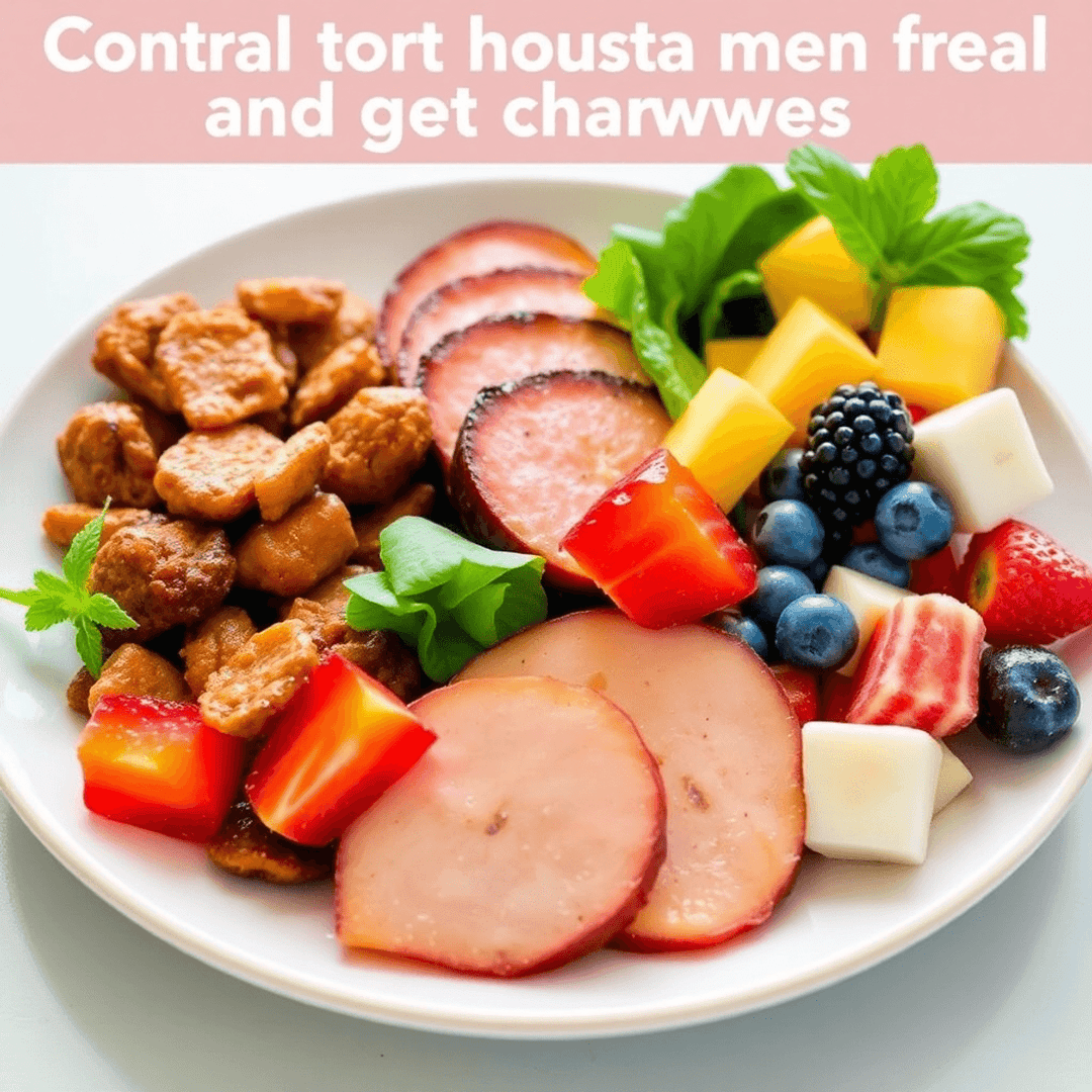 Close-up of a balanced meal with proteins, vegetables, healthy fats, and a bowl of fresh fruits and natural sweet treats on a bright, inviting background.