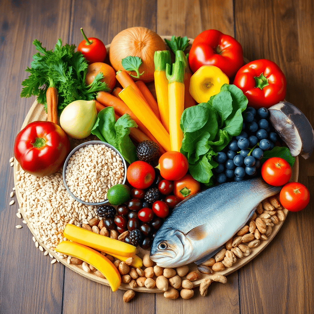 A colorful spread of whole grains, fresh fruits, vegetables, fish, and nuts on a wooden table representing balanced, nutritious eating.