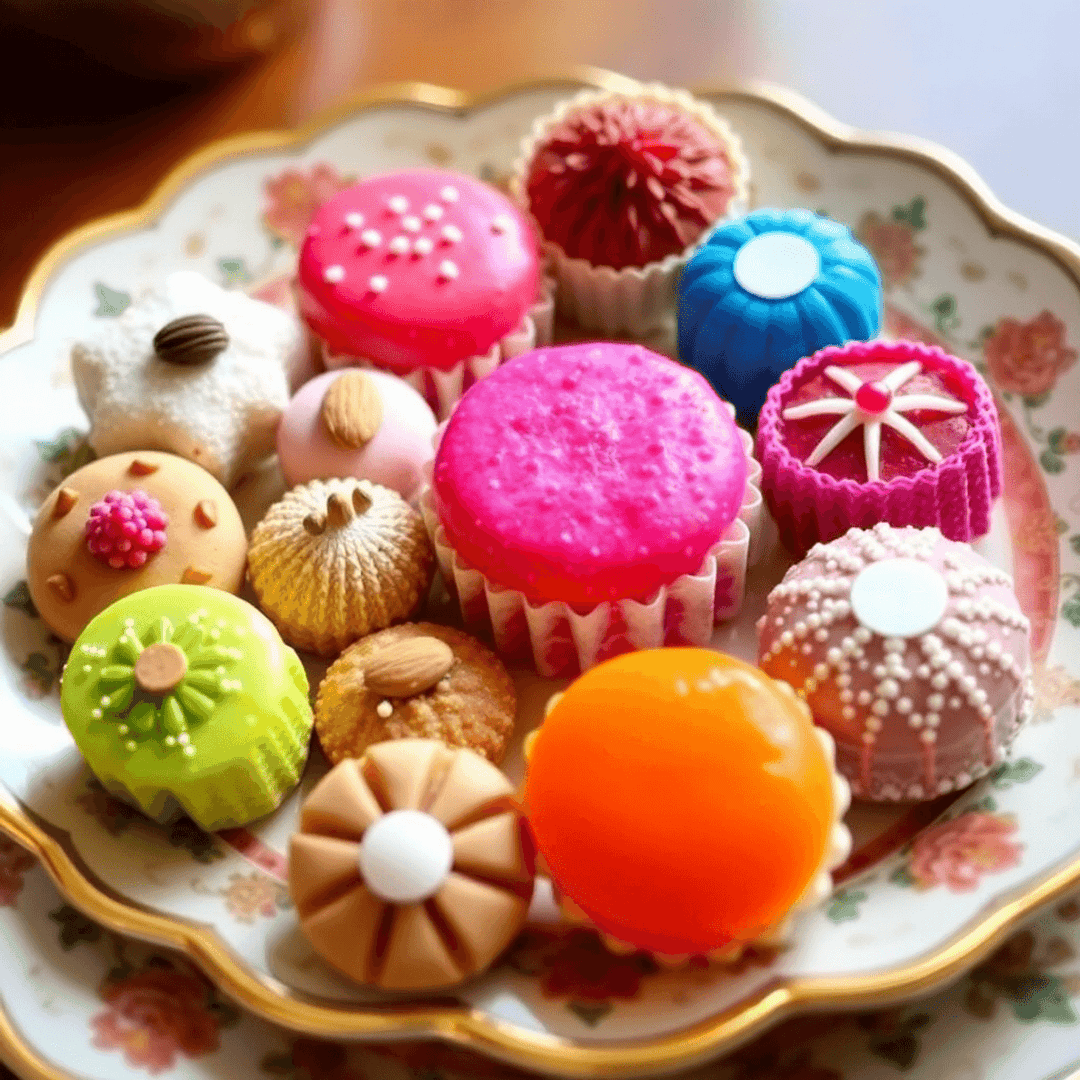 A decorative plate with a colorful assortment of small, elegantly portioned Indian sweets like kaju katli and almond cookies.