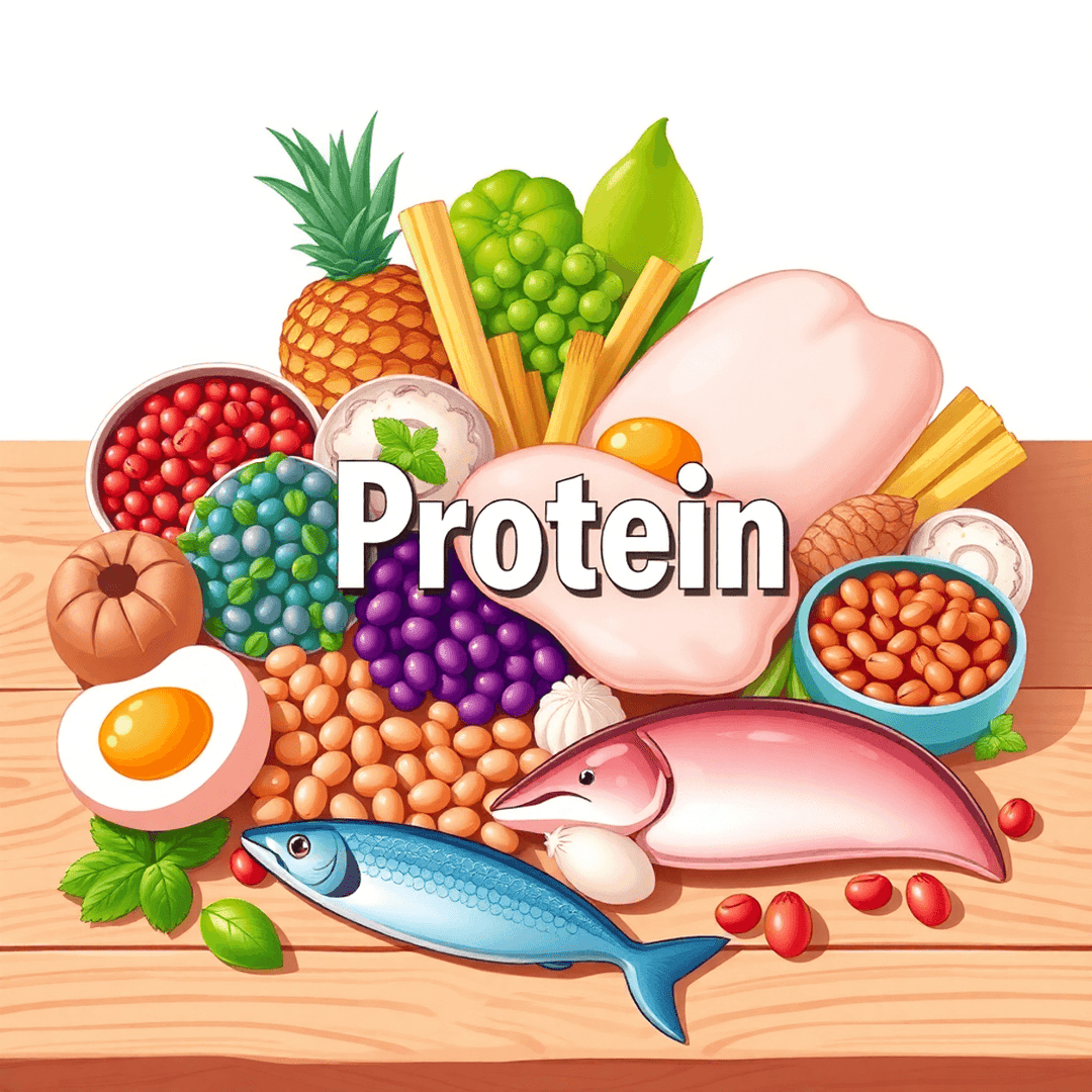 A vibrant illustration of protein-rich foods including eggs, chicken, beans, nuts, and fish on a wooden table with a bright background.