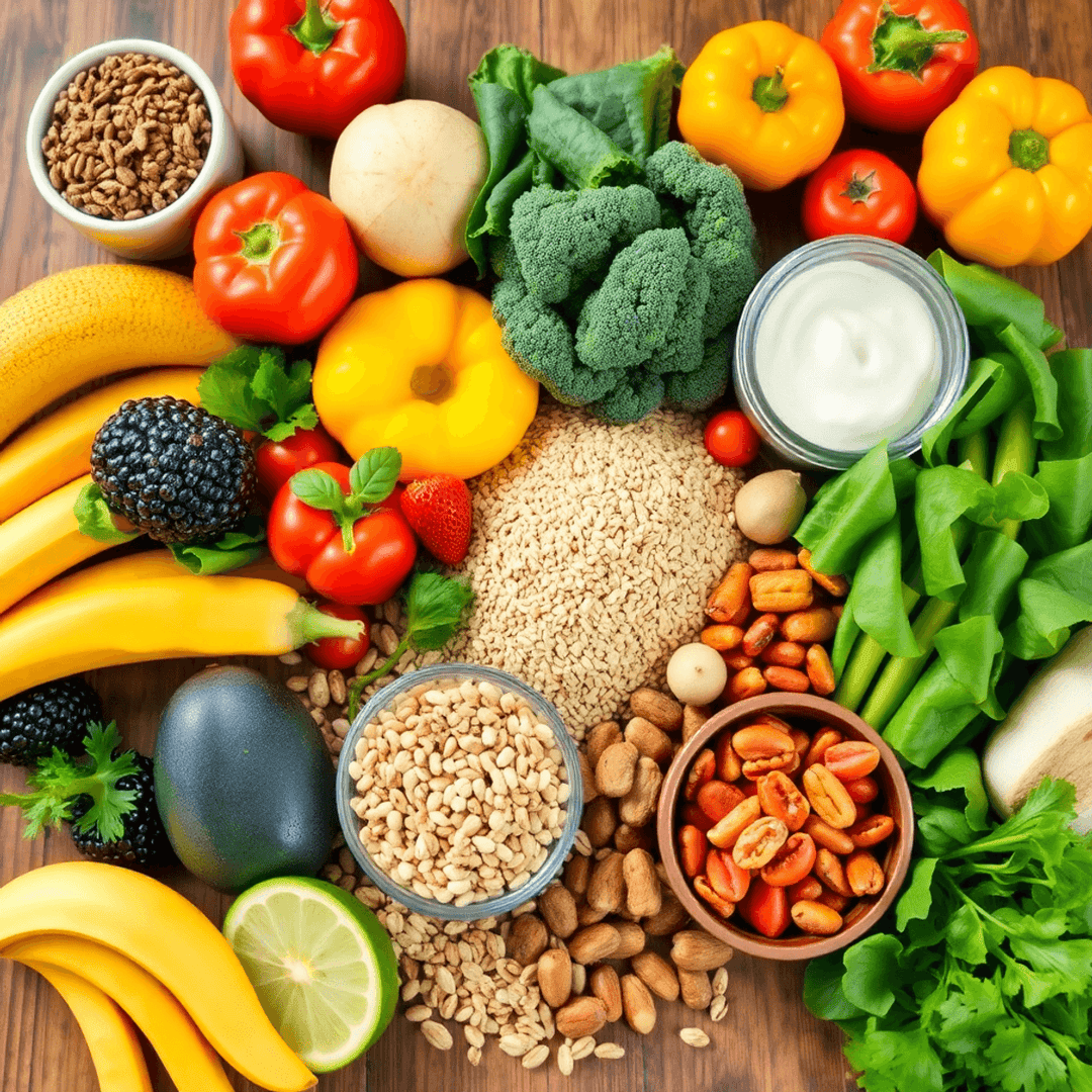 A colorful spread of fresh fruits, vegetables, whole grains, nuts, and seeds arranged on a wooden table symbolizing balanced, nutritious eating.
