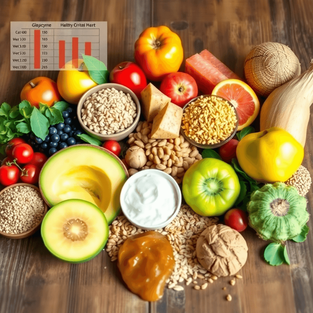 A colorful spread of fresh fruits, whole grains, and jaggery on a wooden table with a faint glycemic index chart overlay in the background.