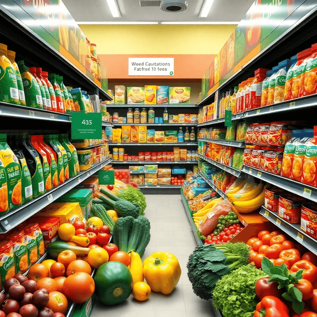 Colorful grocery aisle with fat-free and sugar-free products, fresh fruits and vegetables, showcasing healthy eating and clear labels.
