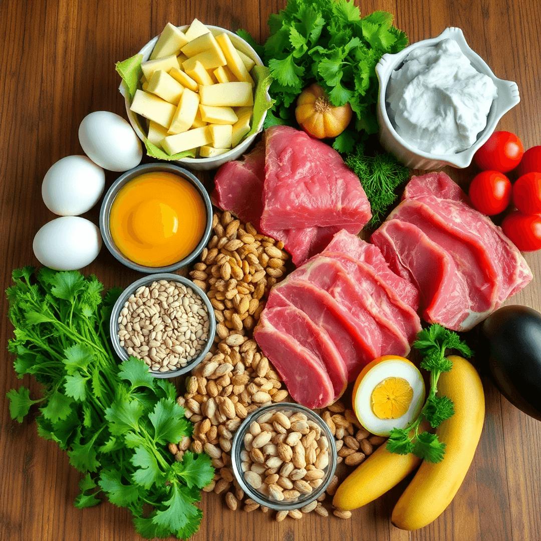 Assortment of lean meats, eggs, nuts, seeds, and fresh vegetables on a wooden table highlighting healthy, sugar-free protein foods.