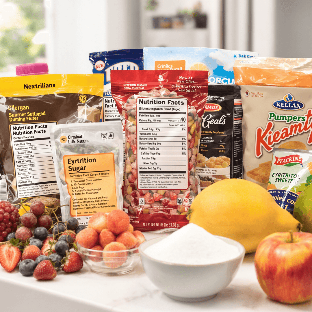 Close-up of packaged foods with nutrition labels showing sugar content, fresh fruits, and a small bowl of erythritol on a bright kitchen countertop.