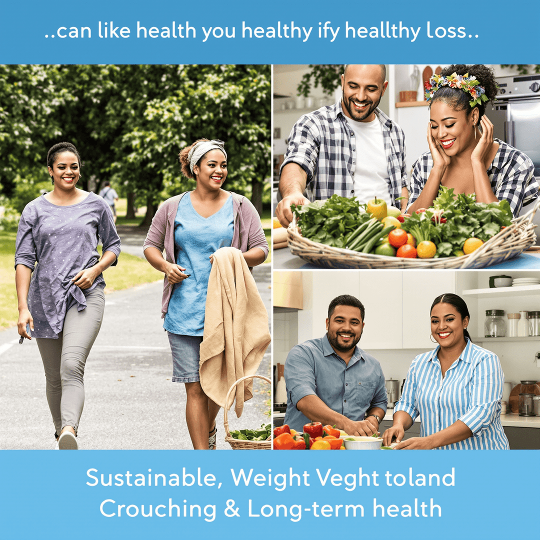 A diverse group enjoying outdoor walking, preparing fresh vegetables, and smiling confidently, symbolizing healthy lifestyle and sustainable weight loss.