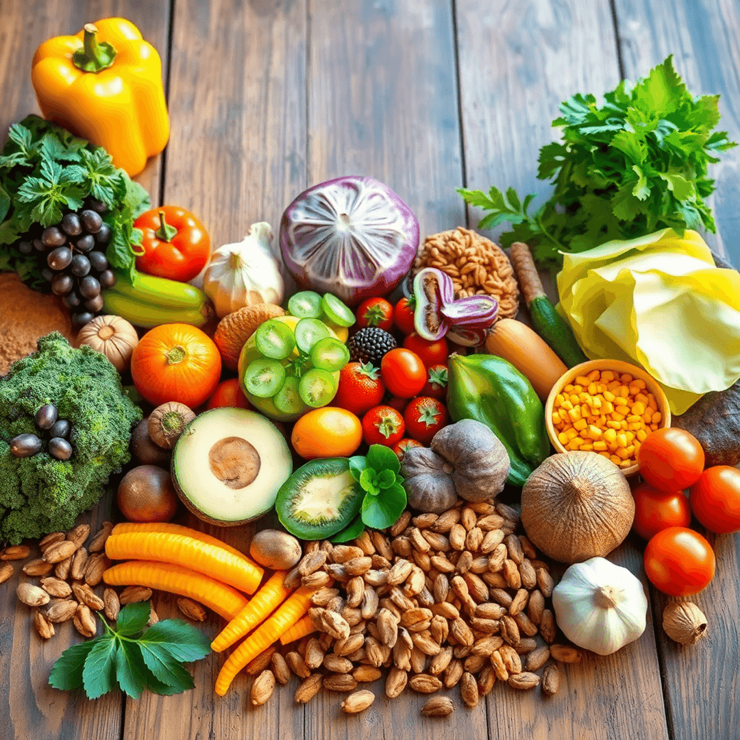 A vibrant spread of fresh fruits, vegetables, nuts, and wholesome foods on a rustic wooden table, symbolizing healthy, balanced dietary choices.