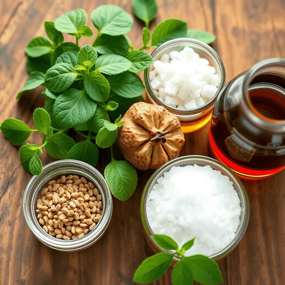 Close-up of natural sweeteners like stevia leaves, monk fruit, date sugar, and maple syrup in glass containers on a wooden table.
