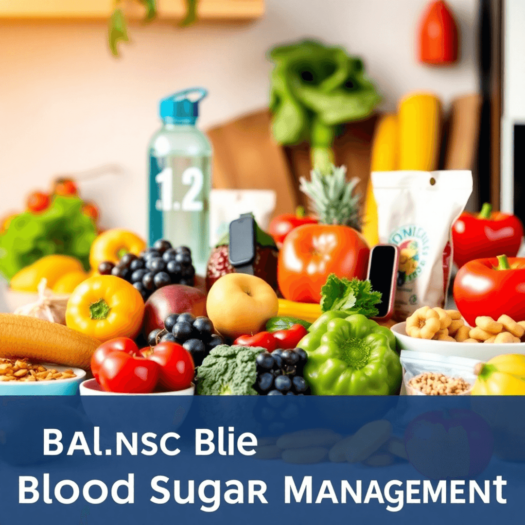 A kitchen counter with fresh fruits, vegetables, sugar-free snacks, a fitness tracker, and a water bottle representing balanced blood sugar and wellness.