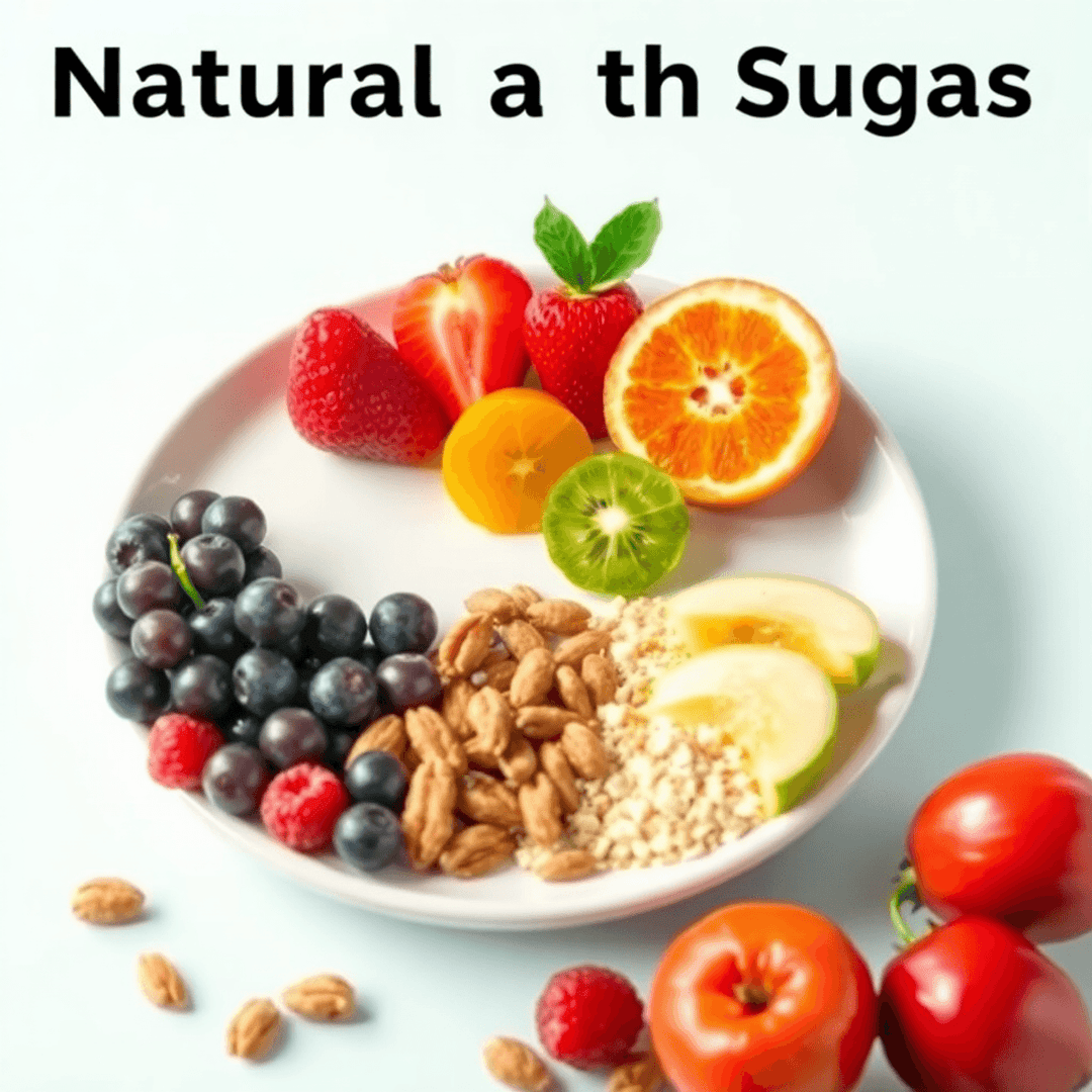 A colorful plate with fresh fruits, nuts, and whole grains on a bright, clean background symbolizing health and nutrition.