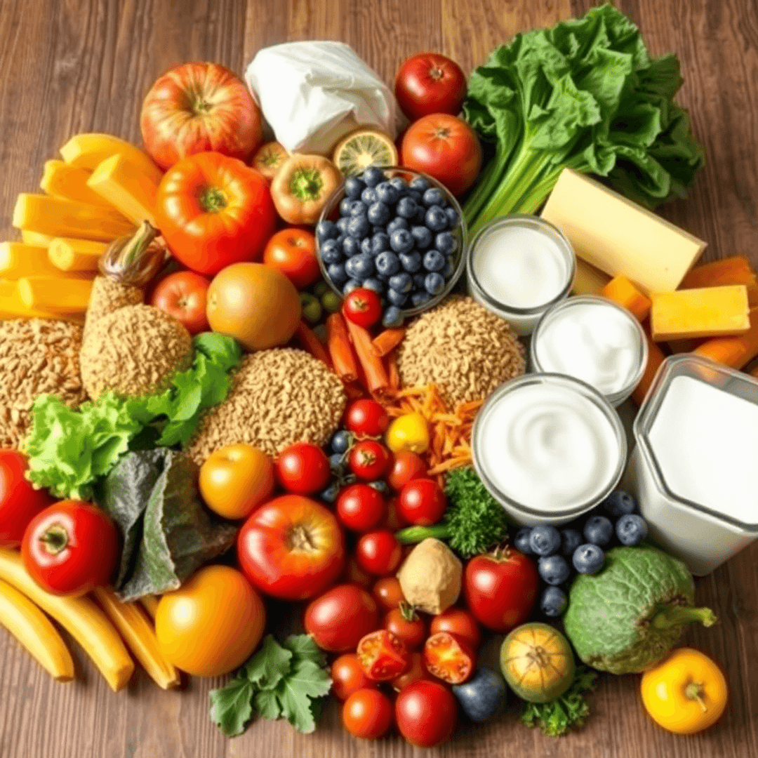 A colorful assortment of fresh fruits, vegetables, grains, proteins, and dairy arranged on a wooden table representing balanced nutrition.