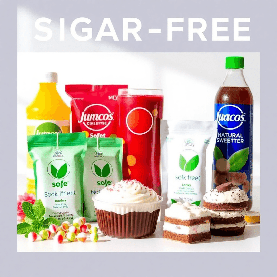 Assortment of sugar-free candies, drinks, and desserts with stevia leaves and monk fruit on a clean, modern background.