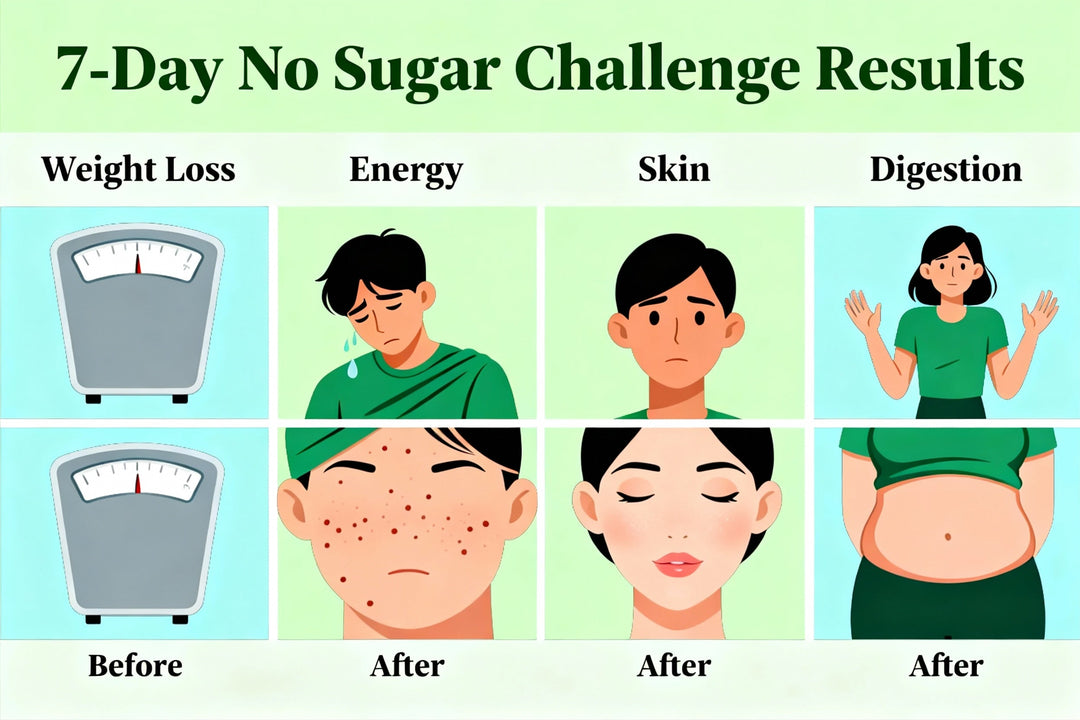“7-Day/14-Day No Sugar Challenge: Real Results on Weight, Energy, Skin, Digestion + Practical Sugar-Reduction Tips”