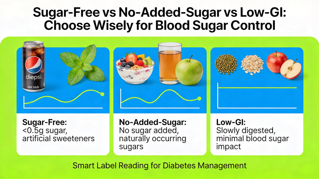 Difference Between Sugar-Free, No-Added-Sugar, and Low-GI Foods: Smart Choices for Blood Sugar Control.