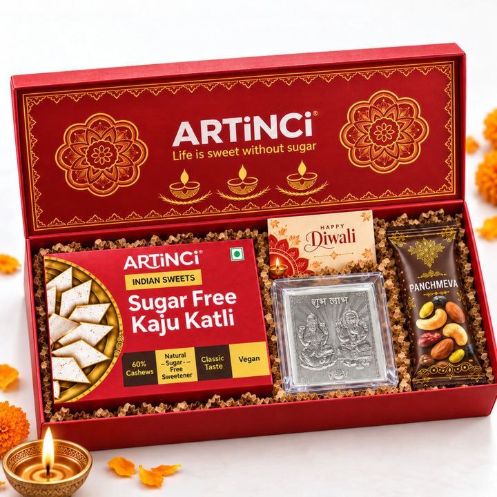 Sugar Free Diwali Gift Box with 999 Silver Plated Laxmi Ganesh Frame, Panchmeva & Greeting Card