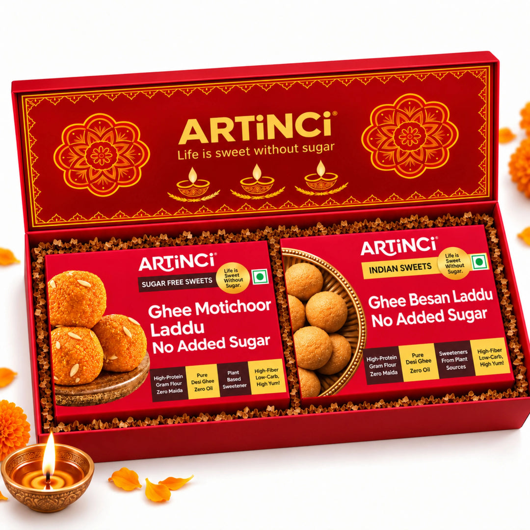 Sugar Free Diwali Sweets Gift Box – Mithai Duo with Kaju Katli, Motichoor or Besan Laddu