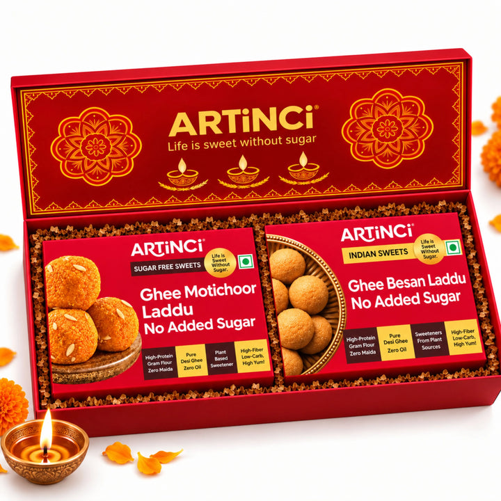 Sugar Free Diwali Sweets Gift Box – Mithai Duo with Kaju Katli, Motichoor or Besan Laddu
