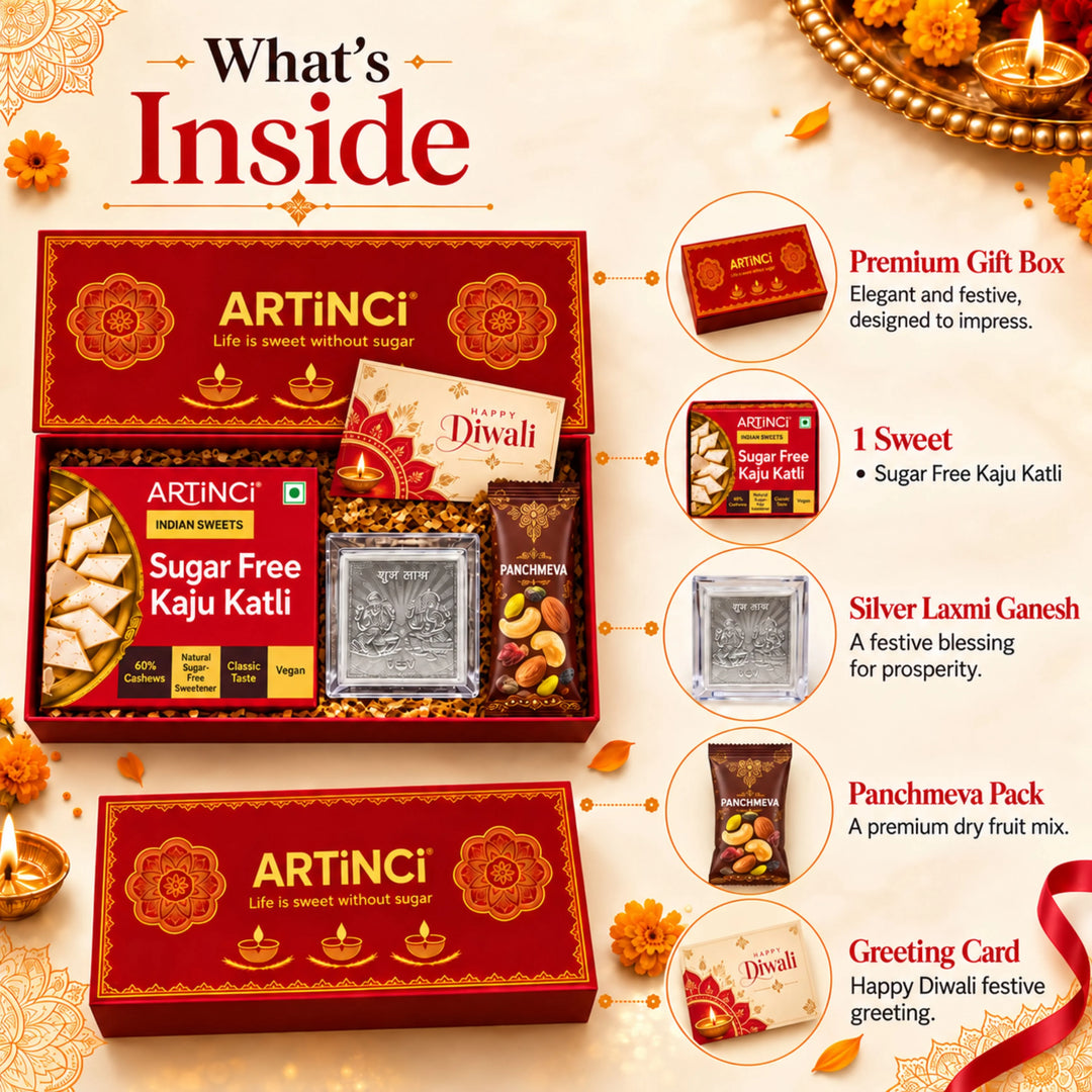 Sugar Free Diwali Gift Box with 999 Silver Plated Laxmi Ganesh Frame, Panchmeva & Greeting Card