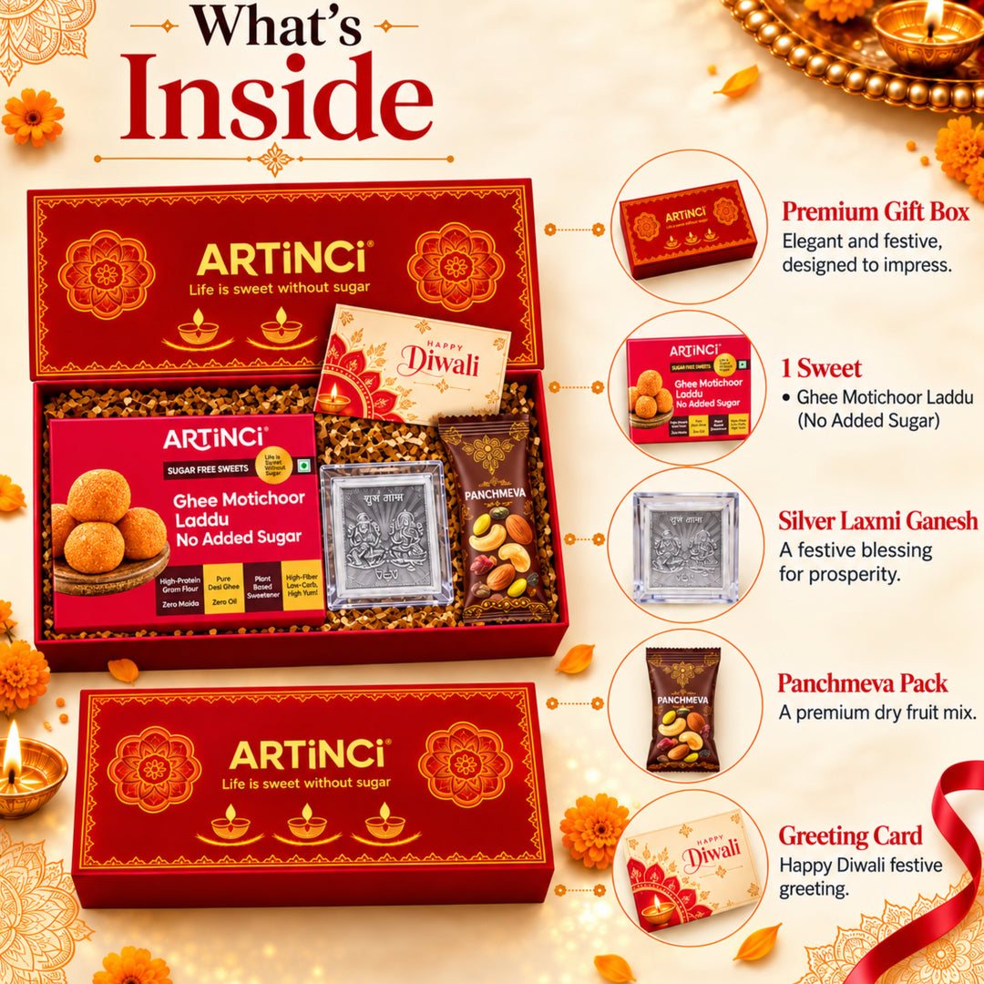 Sugar Free Diwali Gift Box with 999 Silver Plated Laxmi Ganesh Frame, Panchmeva & Greeting Card