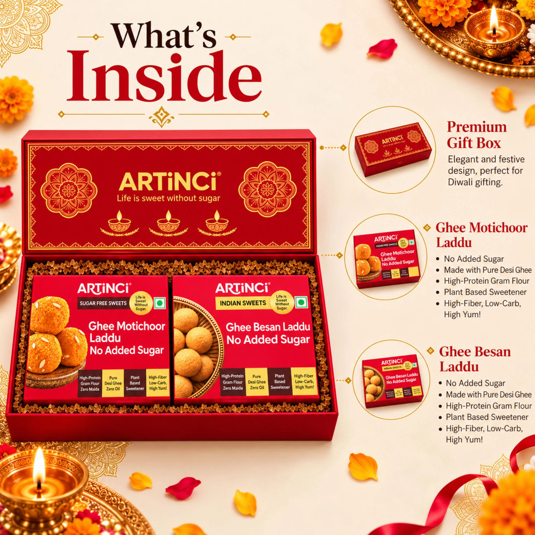 Sugar Free Diwali Sweets Gift Box – Mithai Duo with Kaju Katli, Motichoor or Besan Laddu