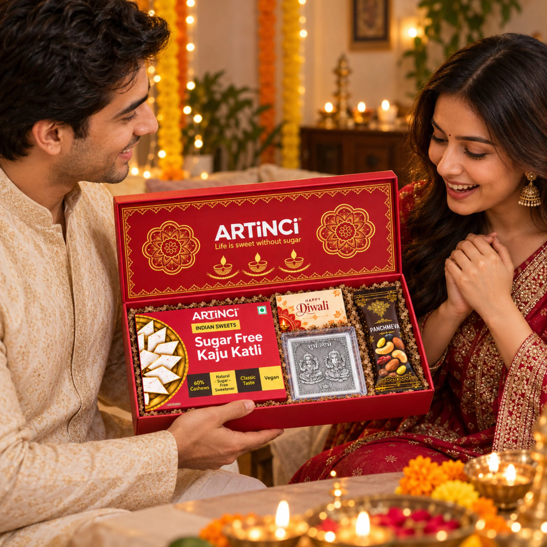 Sugar Free Diwali Gift Box with 999 Silver Plated Laxmi Ganesh Frame, Panchmeva & Greeting Card