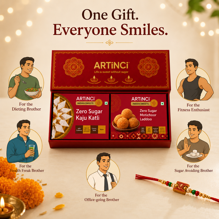 ArtINCI Zero Sugar Kaju Katti and Matchoori Laddoo gift set displayed in a red box with illustrated family-friendly usage scenarios around it on a warm beige background.