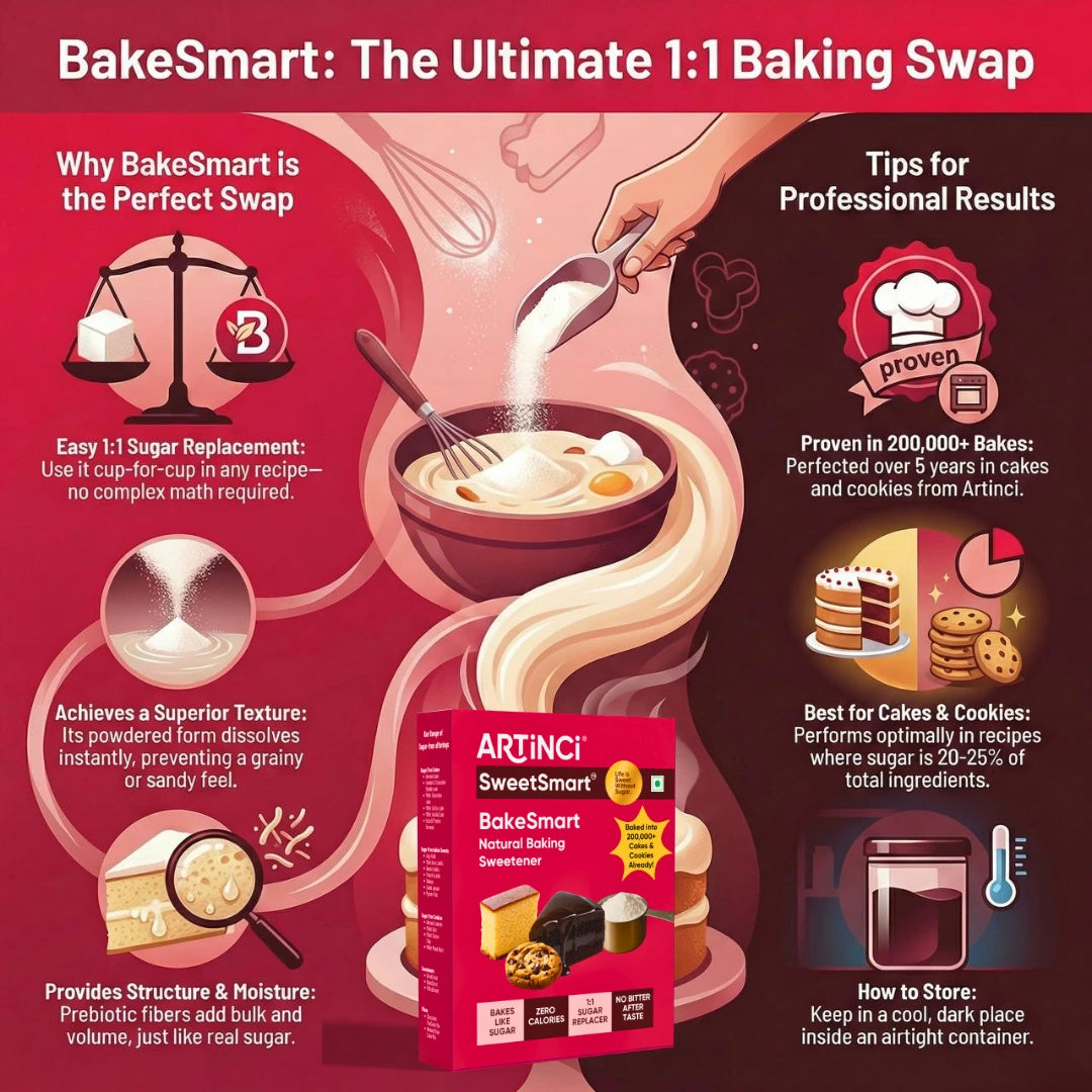 Advertisement for BakeSmart baking product with text and graphics on a red background