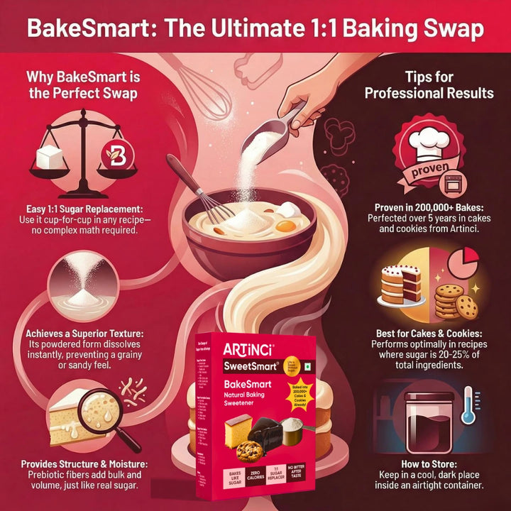 Advertisement for BakeSmart baking product with text and graphics on a red background