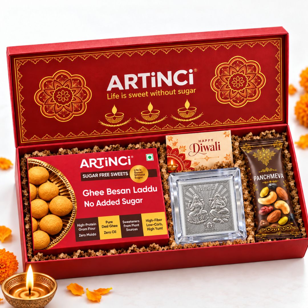 Sugar Free Diwali Gift Box with 999 Silver Plated Laxmi Ganesh Frame, Panchmeva & Greeting Card
