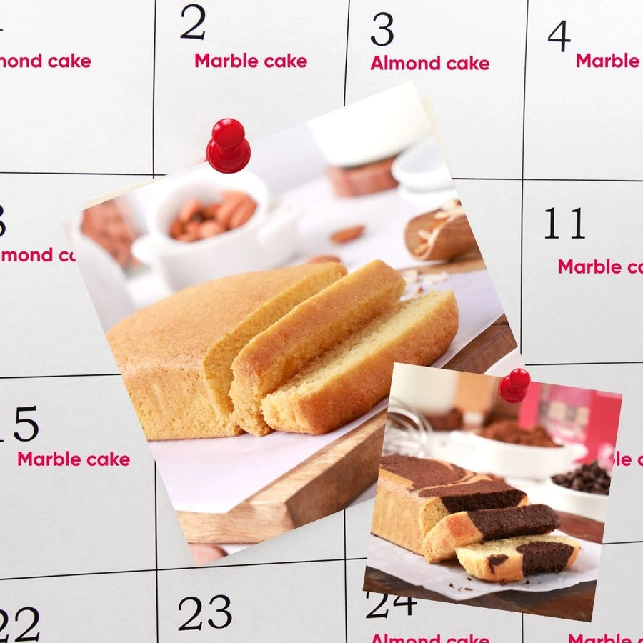 Calendar with images of different types of cakes on a white background